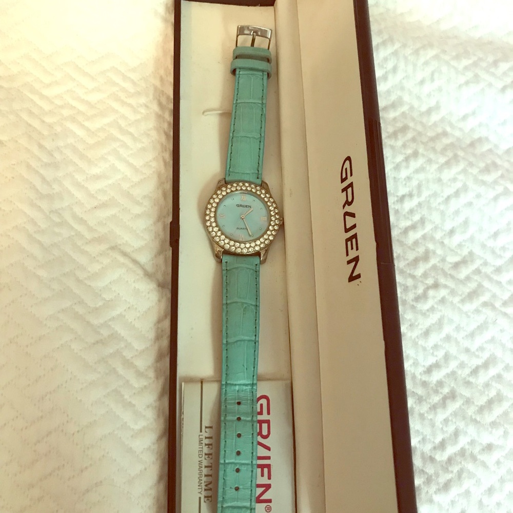 Turquoise Leather Gruen Watch with Rhinestone Face
